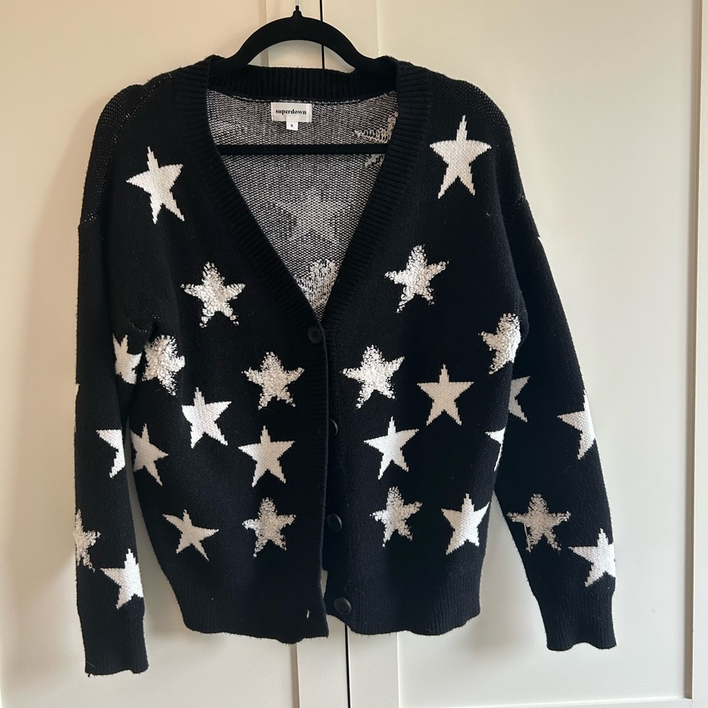 superdown Black Cardigan with White Star Pattern
